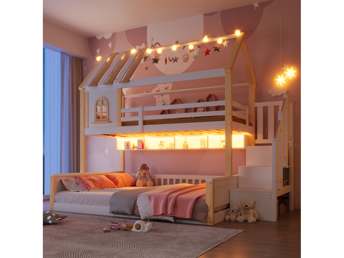 Litera 90x200cm+140x200cm - Con Led, Diseño De Casa Con Ventana, Estantes Abiertos, Escalera De Almacenamiento, Sin Colchón - Blanco+natural