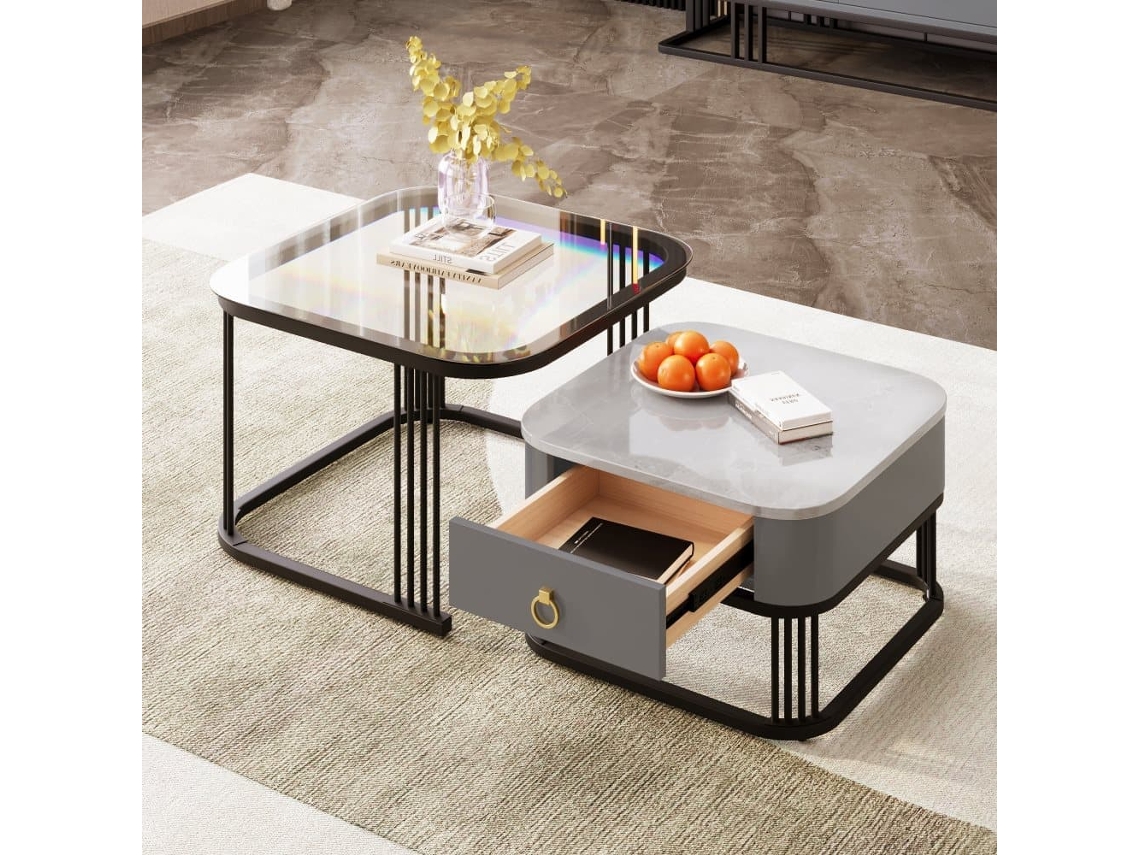 Mesa De Centro Apilable - 2 Piezas - Alta Gloss Con Diseño De Mármol Y Vidrio, Patas Negras, Con Cajones