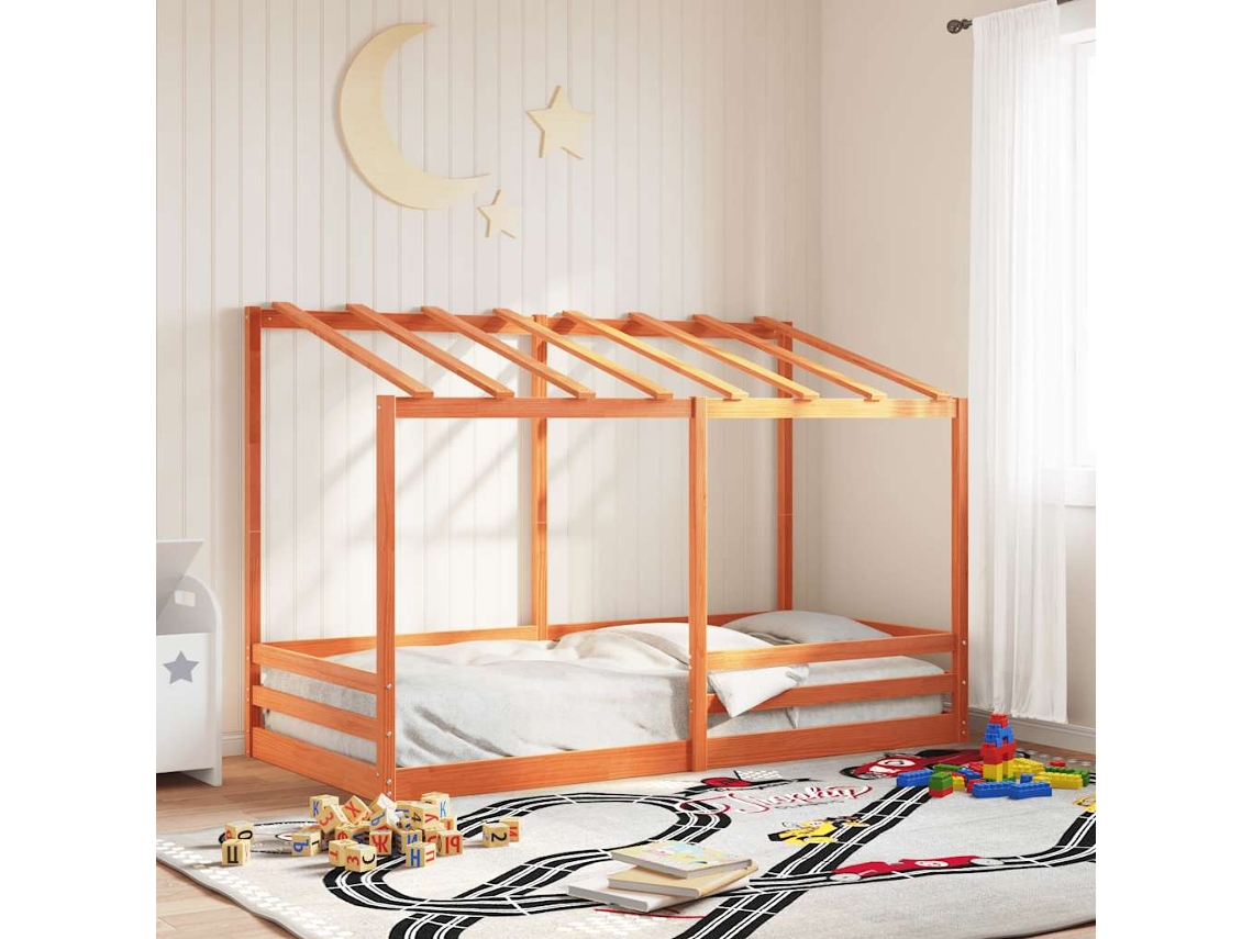 Cama Infantil Con Techo Madera Maciza Pino Marrón 90x200 Cm