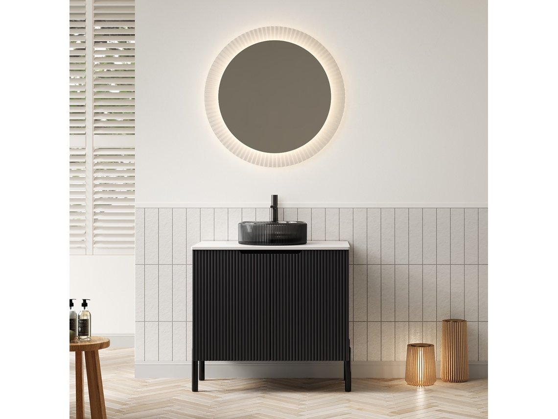 Mueble De Baño Independiente, 76 Cm, Lavabo De Cristal Negro, Encimera Blanca.