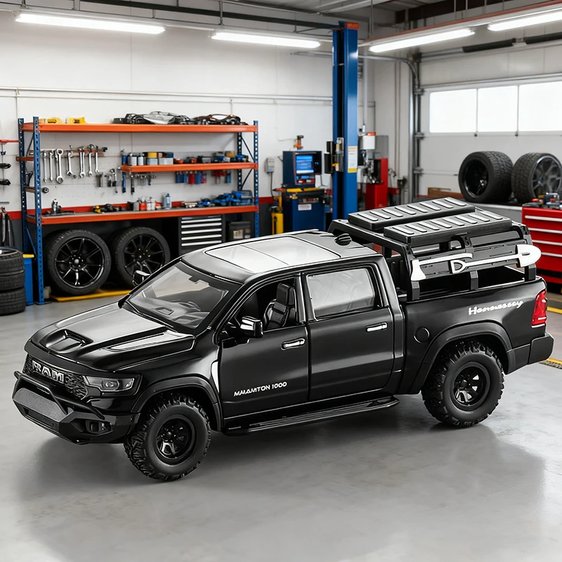 (negro) Camioneta Pickup A Escala 1:32, Modelo De Metal Fundido A Presión, Juguete Con Efectos De Sonido Y Luz Para Niños