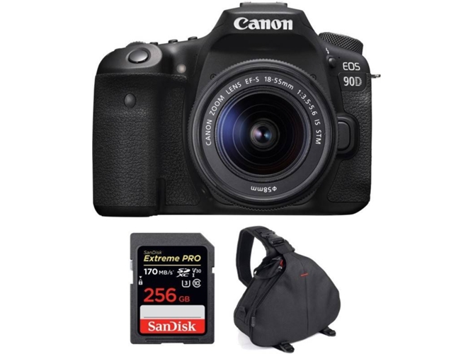 Kit Cámara Réflex CANON EOS 90D + 18-55mm F/3.5-5.6 EF-S IS STM + SanDisk 256GB + Bolsa