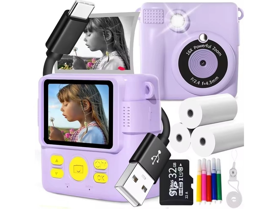 Cámara Digital Zruxe Mini Cámara Digital Linda Tarjeta 32g Y Vídeo 1080p, Papel Para Impresión, Impresión Instantánea Morado