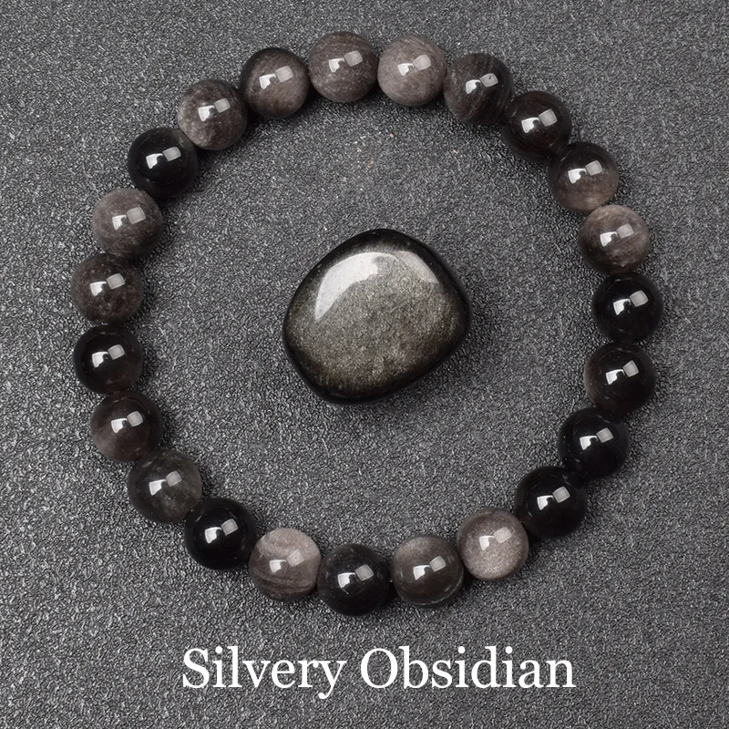 Pulsera De Cuentas De Piedra Natural (obsidiana Plateada De 21 Cm) Para Yoga, Sanación Reiki, Amuleto Y Talismán De La Suerte.