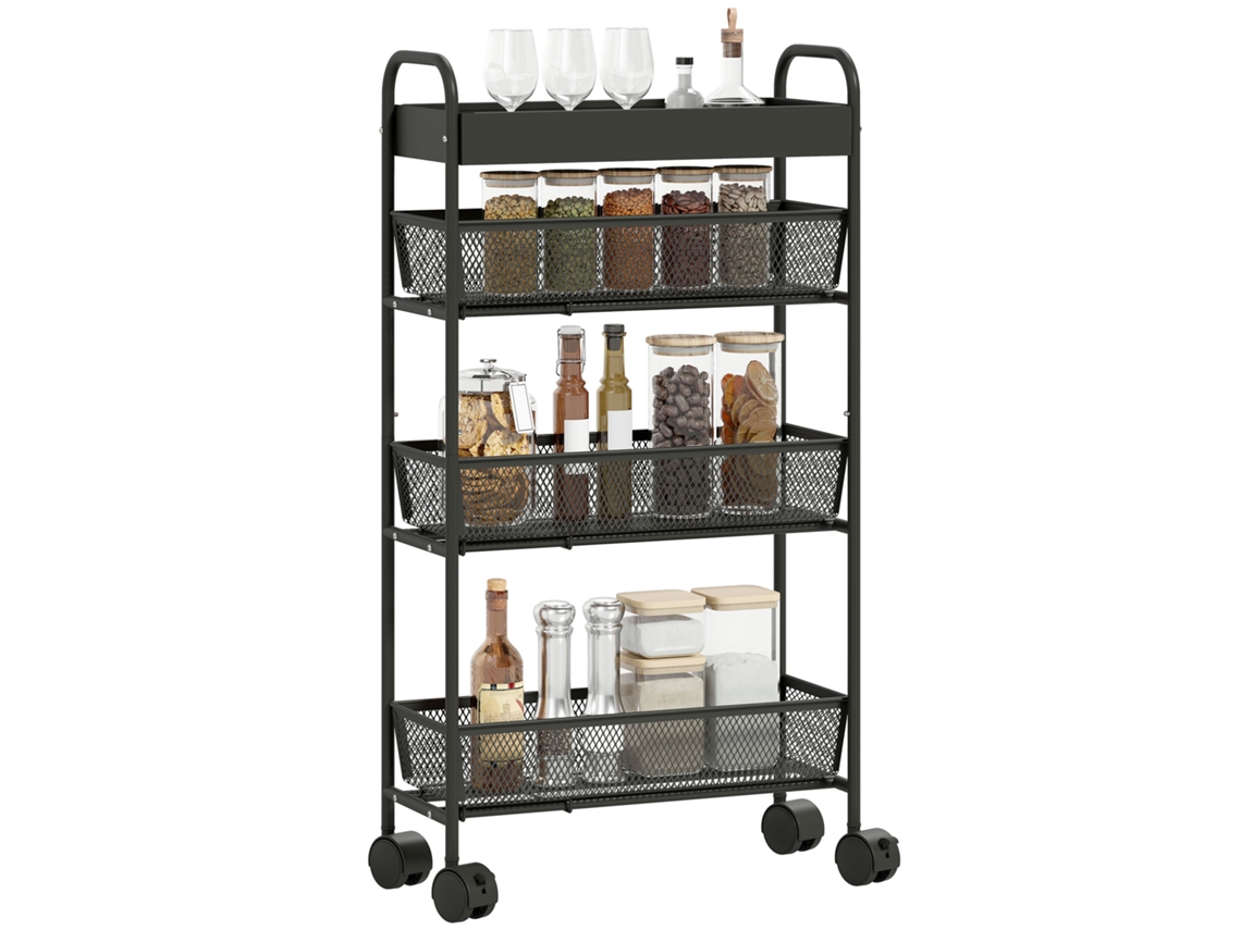 Carro De Almacenamiento De 4 Niveles, Con Ruedas, 3 Cestas Deslizantes, Cesta Superior De 19 X 43,2 X 80 Cm, Color Negro.