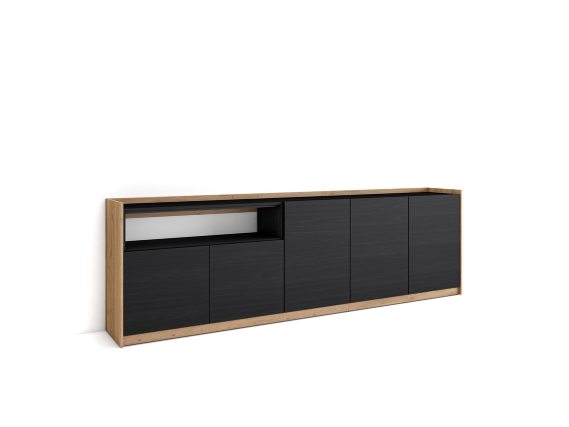 Aparador de comedor, 260x37x80cm, 5 puertas, armario de almacenamiento, negro y roble.