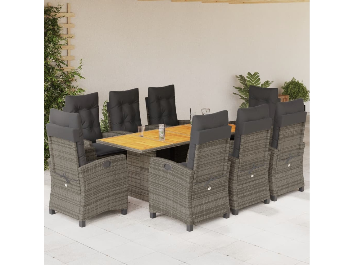 Conjunto de comedor de jardín DKD Home Decor de 9 piezas con cojines, ratán gris