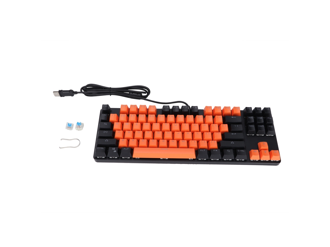 Teclado mecánico para juegos con 87 teclas, retroiluminado y conexión USB con cable.