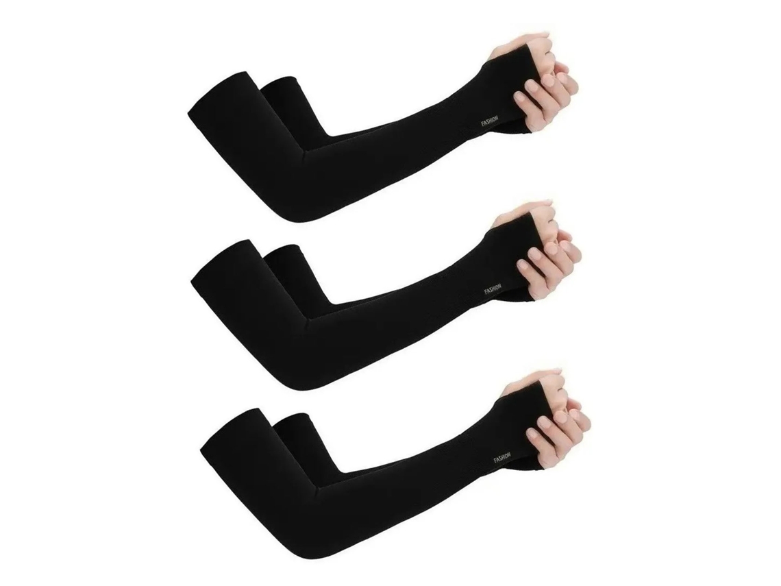3 pares de mangas protectoras UV y refrescantes para brazos con orificio para el pulgar para ciclismo, pesca, hombres y mujeres - Negro