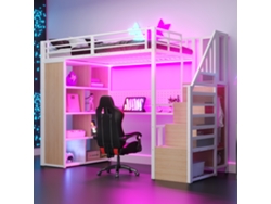 Cama Alta Metálica 90x200 Cm - Con Armario, Escritorio Y Led - Blanco