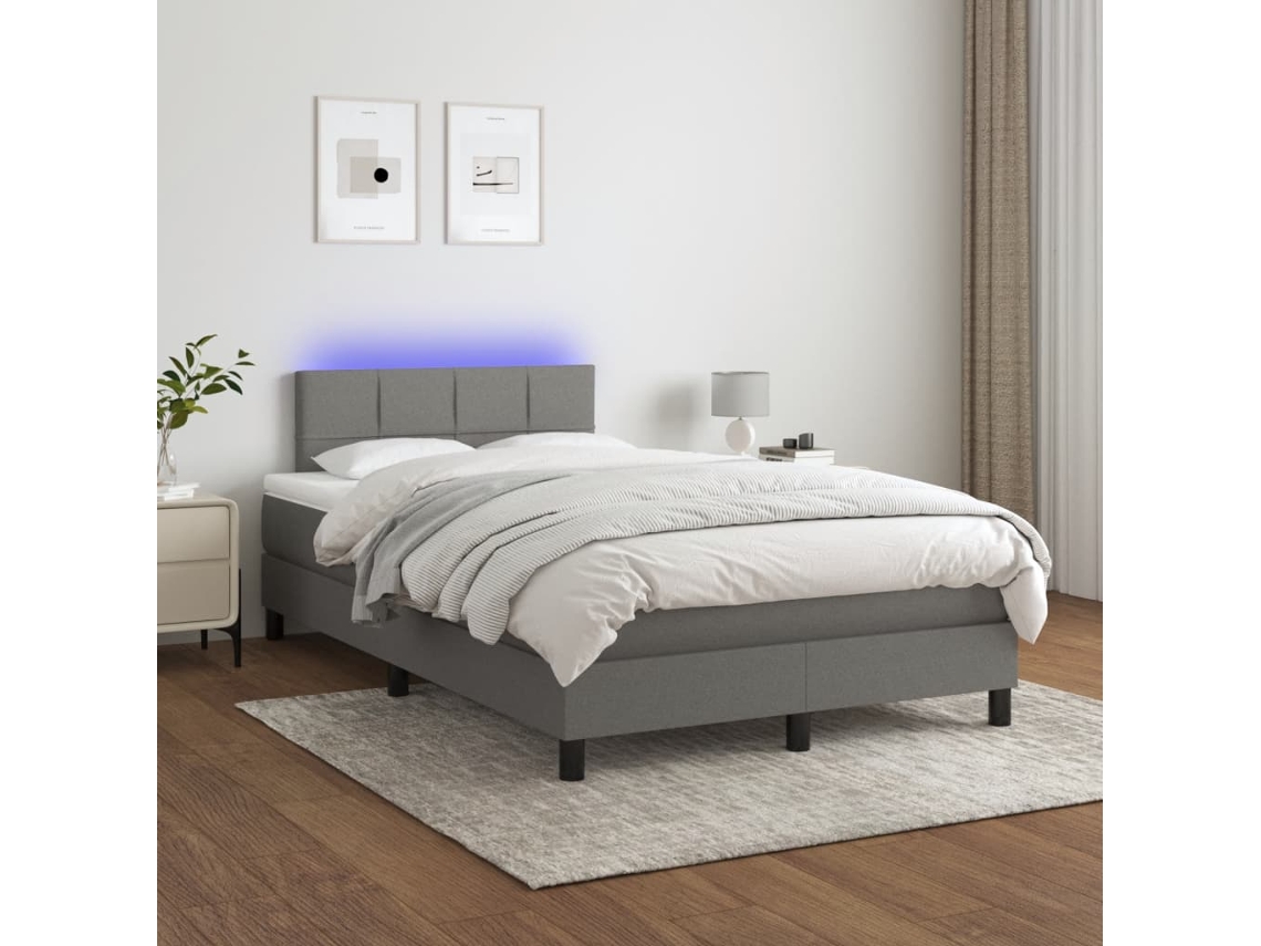 Cama Box Spring Con Colchón Y Led Tela Gris Oscuro 120x200 Cm