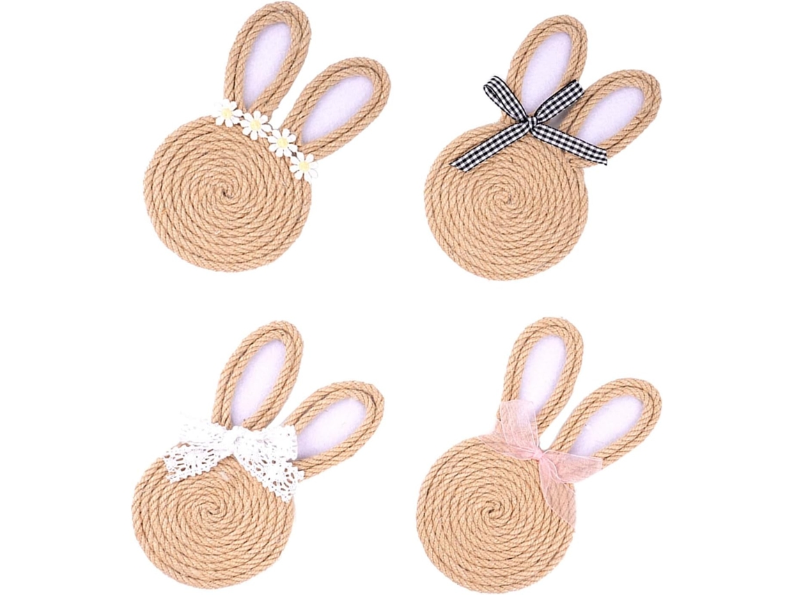 Juego 4 Posavasos Cuerda Yute Hechos Mano, Conejitos Pascua, Artículos Para Fiestas, Decoración