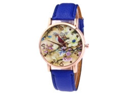 Reloj De Pulsera De Cuarzo Con Correa De Pu Patrón Flor Y Ave Zhoulianfa Azul