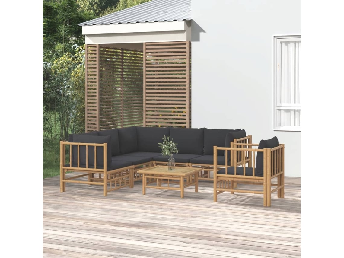 7 unidades Conj. Lounge De Jardim Bambu C/ Almofadões Cinzento Escuro Dkd Home Decor