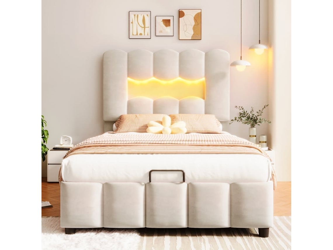 Cama Tapizada 90x200 Cm - Sin Colchón, Iluminación Led, Cabecero Ajustable, Beige