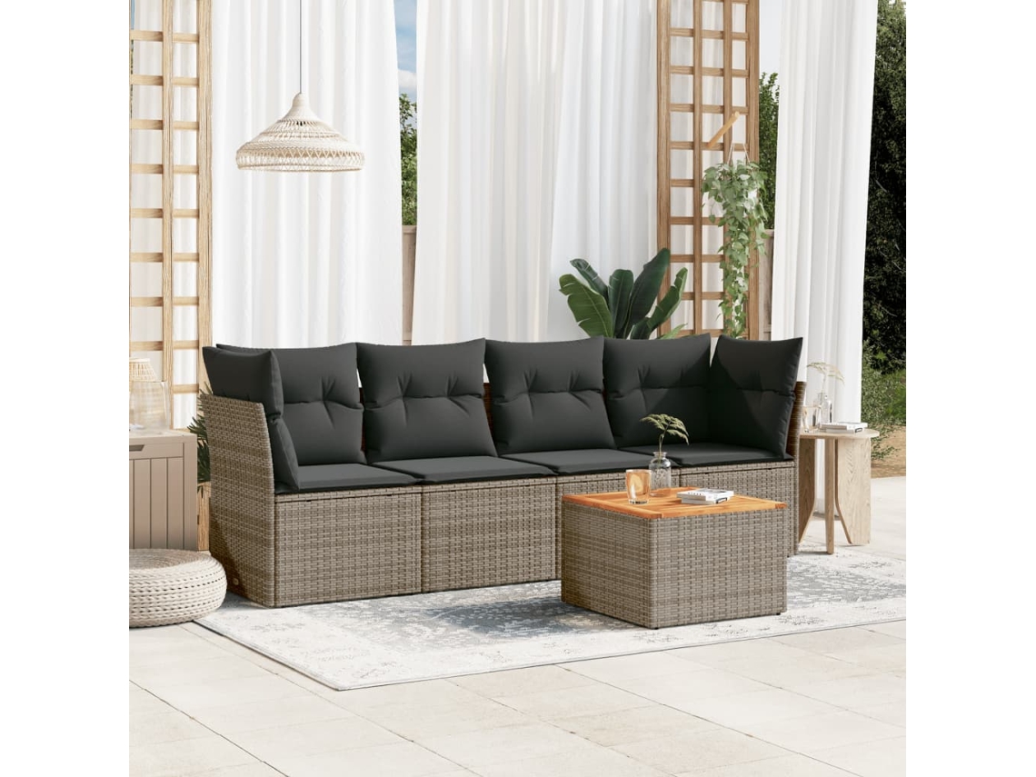 Conjunto de sofá de jardín de 5 piezas con cojines, ratán gris, DKD Home Decor