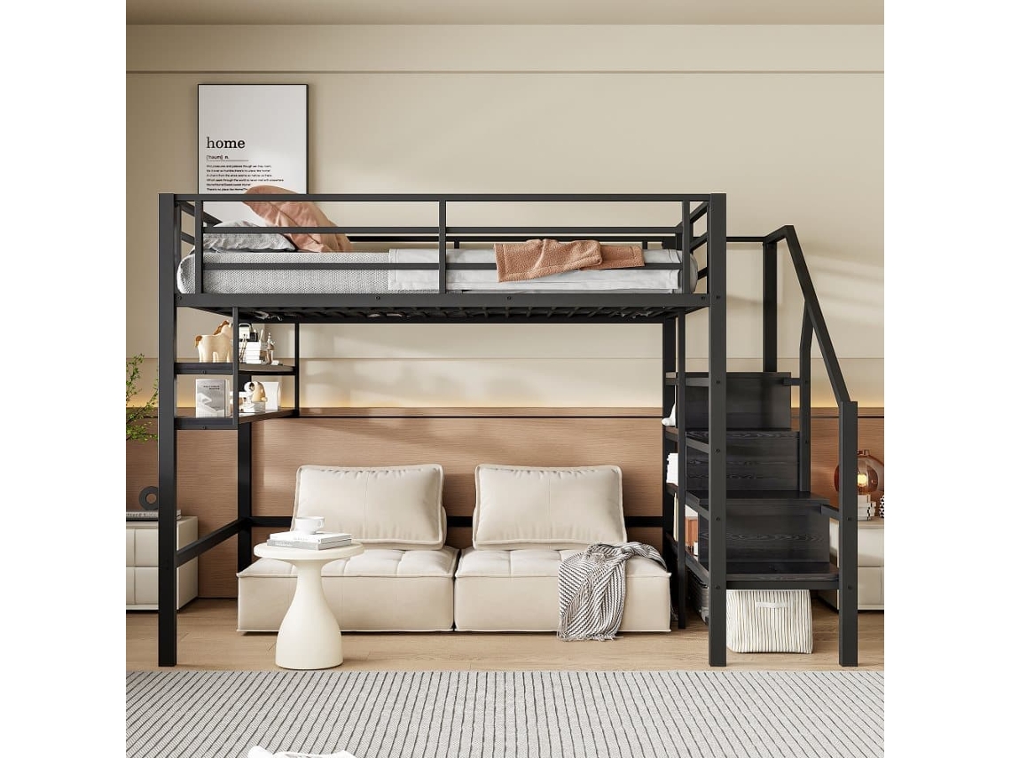 Cama Alta De Metal De 140x200 Cm - Con Estante Y Escalera De Almacenaje - Negro
