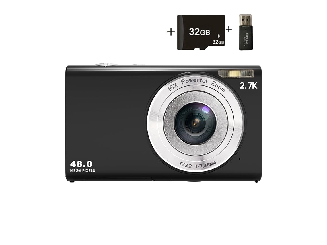 Cámara Digital Veanxin Cámara Digital Compacta Simple 2.7k 48mp, Zoom Digital 16x Tarjeta 32gb Negra