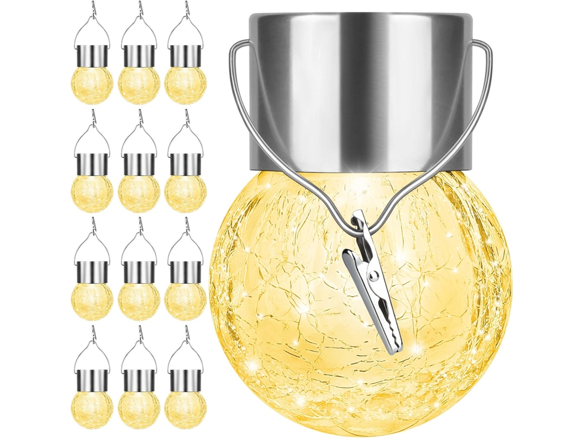 Lote 12 Luzes Solares Exterior Suspender – Solar Forma Bola Vidro Craquelado À Prova D'água C/ Pega, Decoração Festa, Branco Quente.