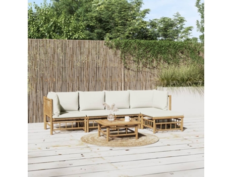Conjunto 6 de muebles de jardín VIDAXL bambú y cojines blanco crema