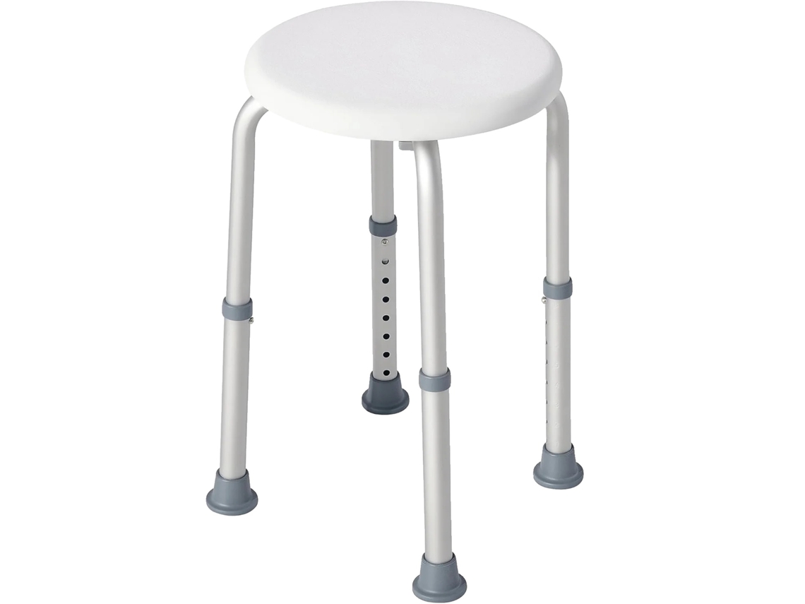 Taburete de ducha, altura regulable, base antideslizante, color blanco.