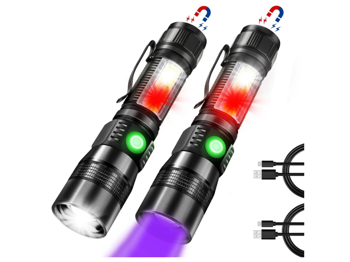 Linterna Uv Rojo 1200 Lúmenes Cob 7 Modos Zoom Ipx8 2 Paquetes Negro