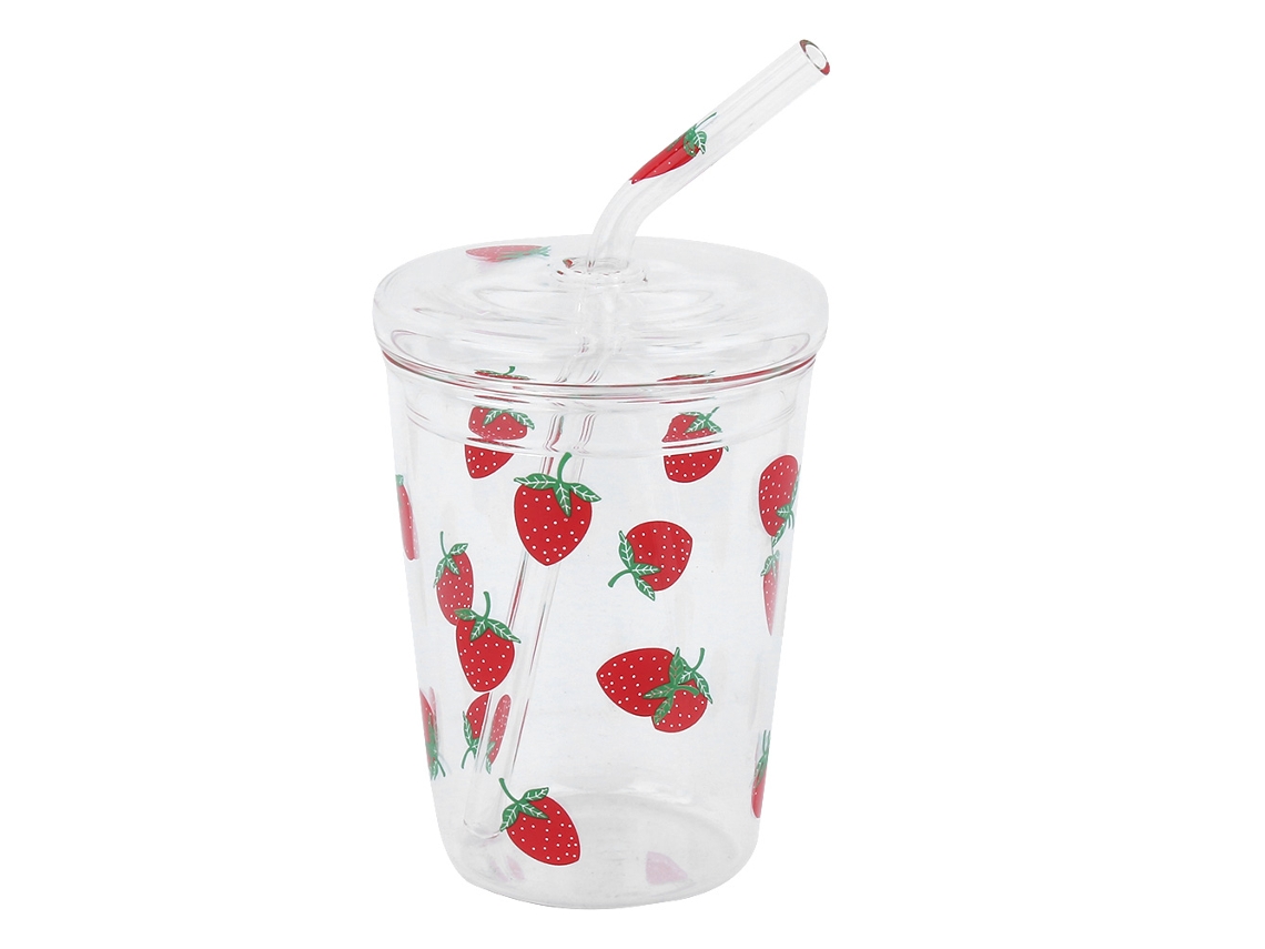 Vaso De Vidrio Transparente Con Diseño De Fresas Y Tapa Con Pajita Para Café, Zumo Y Agua. Resistente Al Calor.