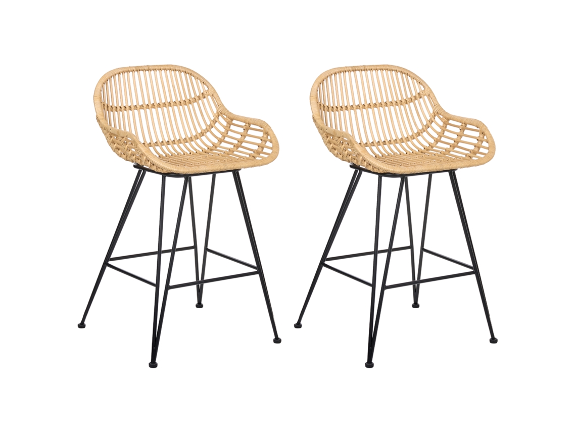 Conjunto De 2 Bancos De Bar Beliani Terrell De Rattan Natural 54x57x94