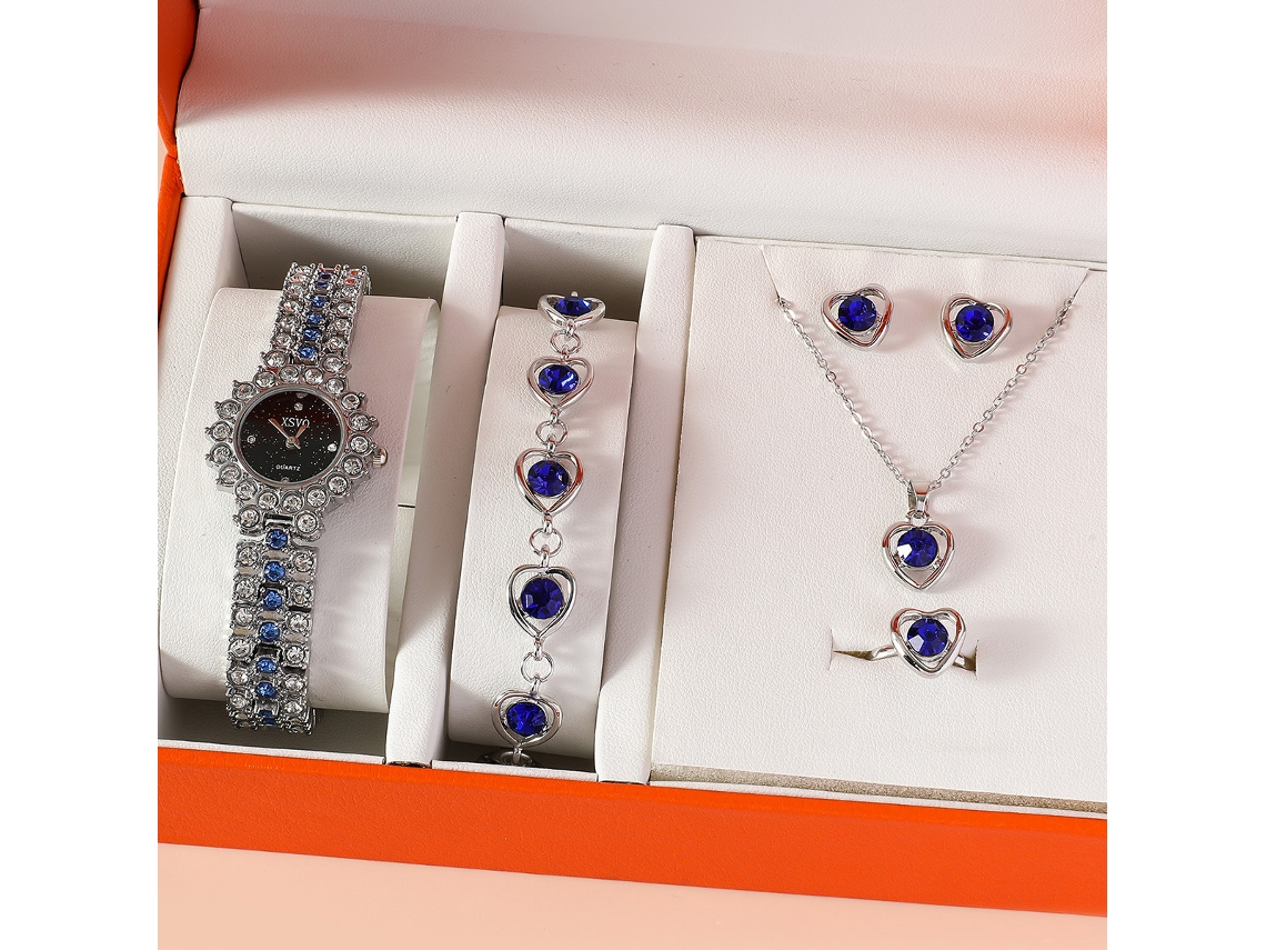Conjunto de regalo para mujer con reloj, collar, pulsera de zafiro, anillo, pendientes y cajas SPQMENT