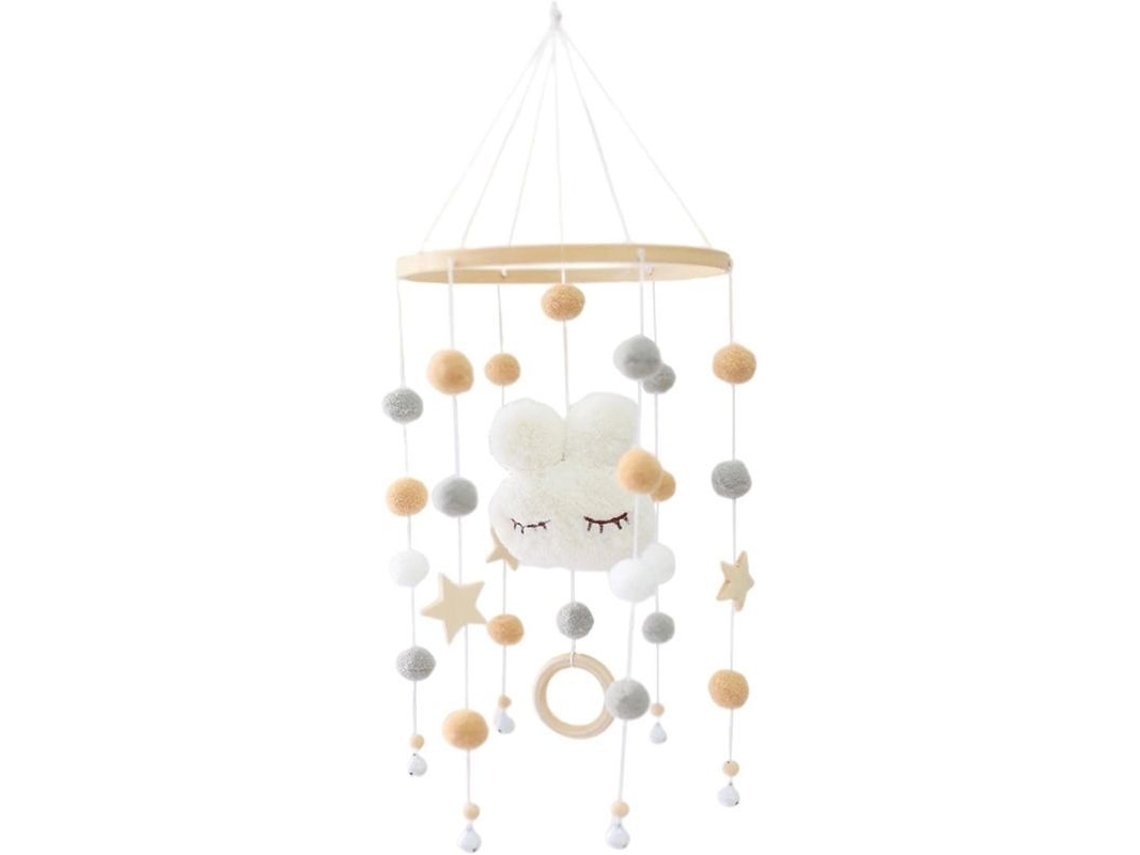 Muebles Para Cuna - Campana De Viento De Madera Con Bolas De Fieltro Y Un Lindo Conejito | Campana Para Cuna