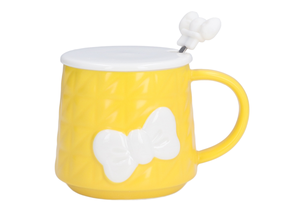 Bonita taza de cerámica de 400 ml con tapa y cuchara de acero inoxidable, regalo para parejas, amarilla | Sin marca