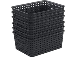 Rebe - Juego de 6 cestas de almacenamiento de plástico negro con diseño de mimbre y asa ergonómica