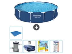 Piscina BESTWAY Round Steel Pro - 396 x 84 cm - Azul - Bomba incluida Vela solar - Paquete de mantenimiento - Filtrar - Suelo
