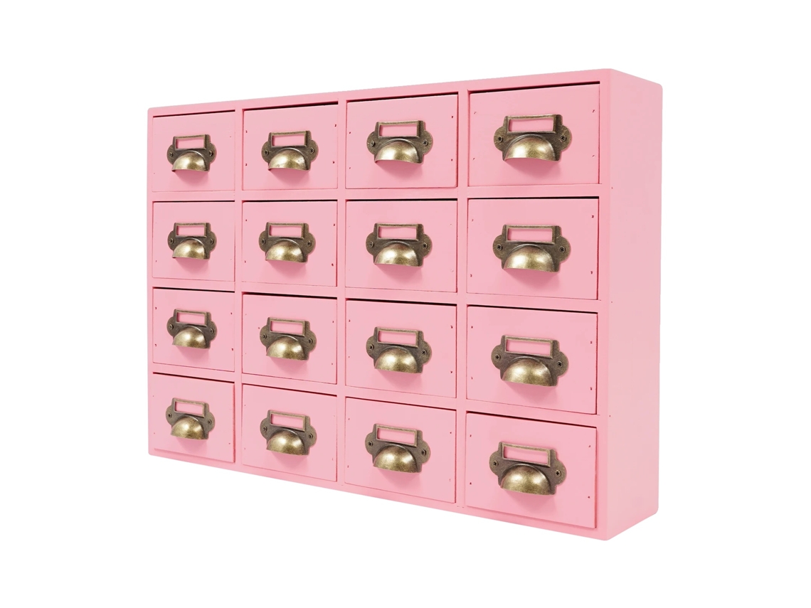 Organizador de cajones, 16 compartimentos, marco de madera resistente, rosa.
