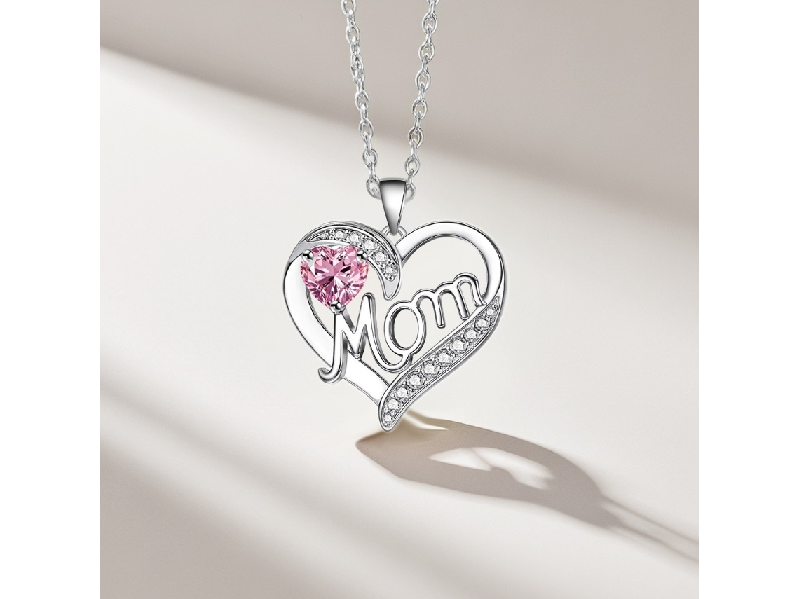 Collar Con Colgante En Forma De Corazón "mamá", Chapado En Oro Blanco, Piedra Rosa, Elegante Pieza De Joyería, Regalo Único Para El Día De L