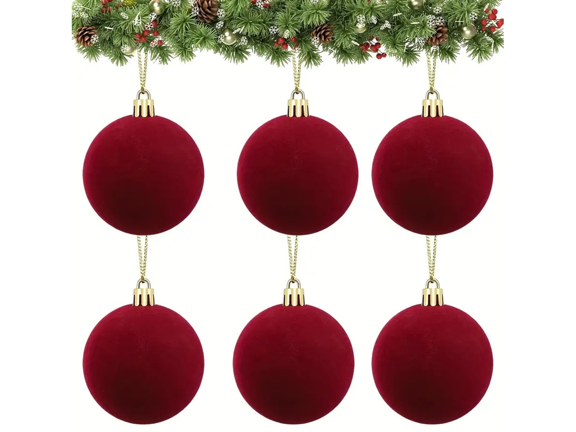 Juego de 4 bolas navideñas flocadas YUNZII para colgar, 4/5/6/8 cm, burdeos y verde oscuro