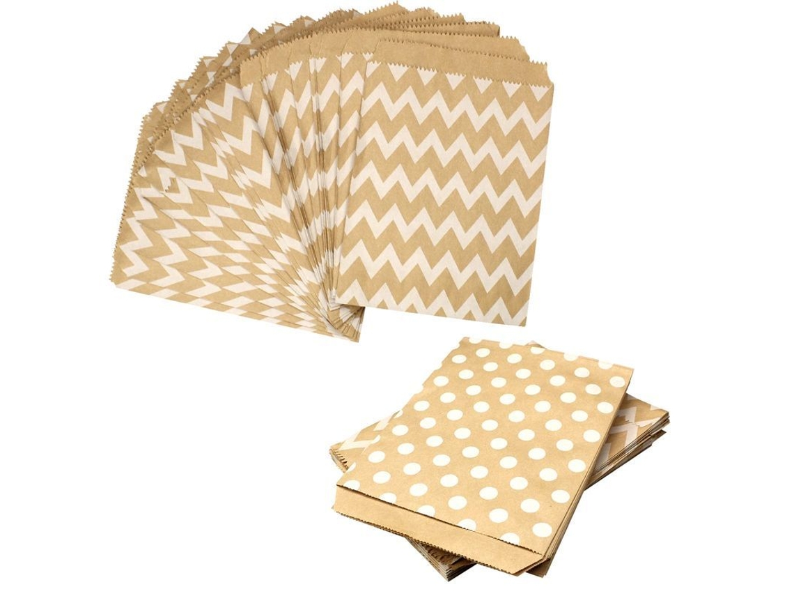 2026 50 Sacolas de Papel Kraft para Alimentos, Biscoitos, Presentes e Doces com Estampas de Bolinhas e Ondas