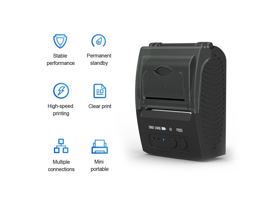 Mini impresora térmica USB inalámbrica Bluetooth portátil de 58 mm para recibos de restaurantes y tiendas. Compatible con iOS, Android y Windows.