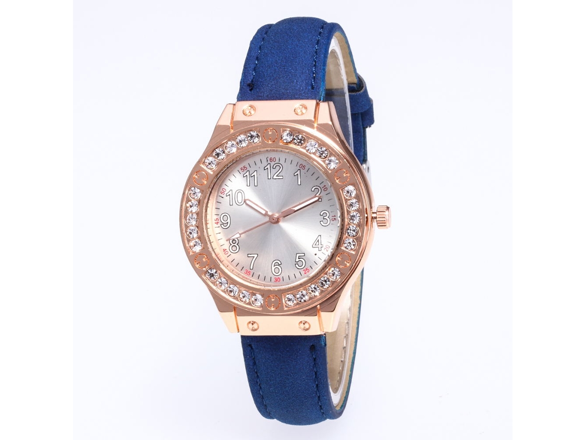 Reloj De Mujer De Cuarzo Con Correa De Cuero Pu Y Diamantes Dial Redondo Azul Real