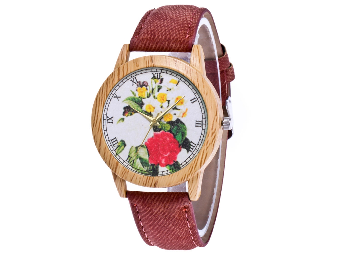 Reloj De Pulsera Casual De Cuarzo Con Estampado Floral Retro De Mezclilla Para Mujer Zhoulianfa Coffee