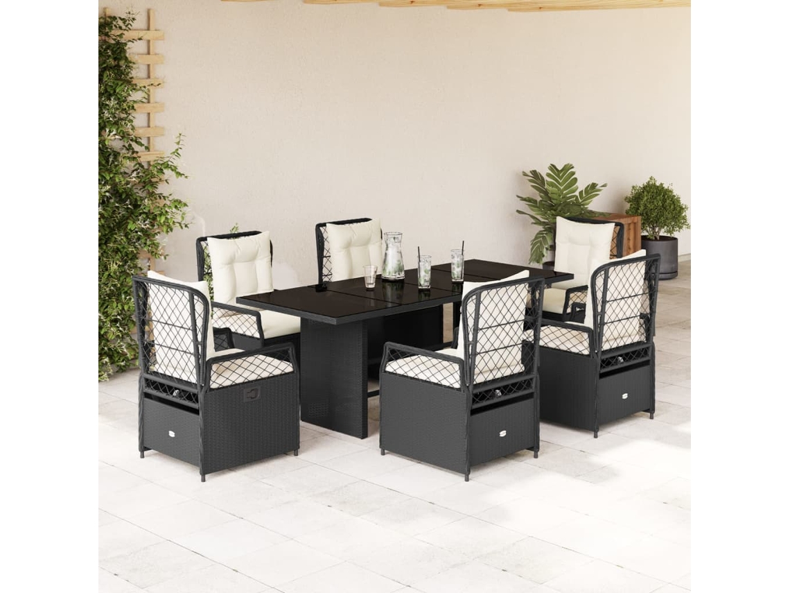 Juego de comedor de jardín de 7 piezas con cojines de mimbre negros de DKD Home Decor