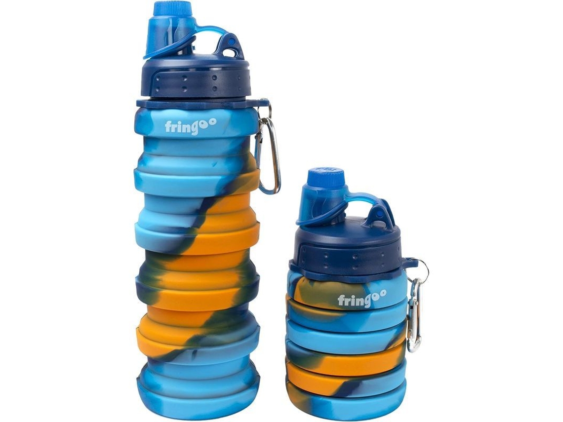 Garrafa de água dobrável infantil Linjou 2026 com mosquetão, camuflagem amarela e azul.