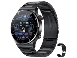 Smartwatch Qw33 con monitorización de frecuencia cardíaca, presión arterial y oxígeno en sangre, música, fotos y podómetro, en malla plateada y silicona.