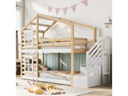 Cama Infantil Casita 90x200 Cm, Ventanas, Almacenamiento Integrado, Barandilla De Seguridad, Madera Blanca Natural, 2 Somieres.