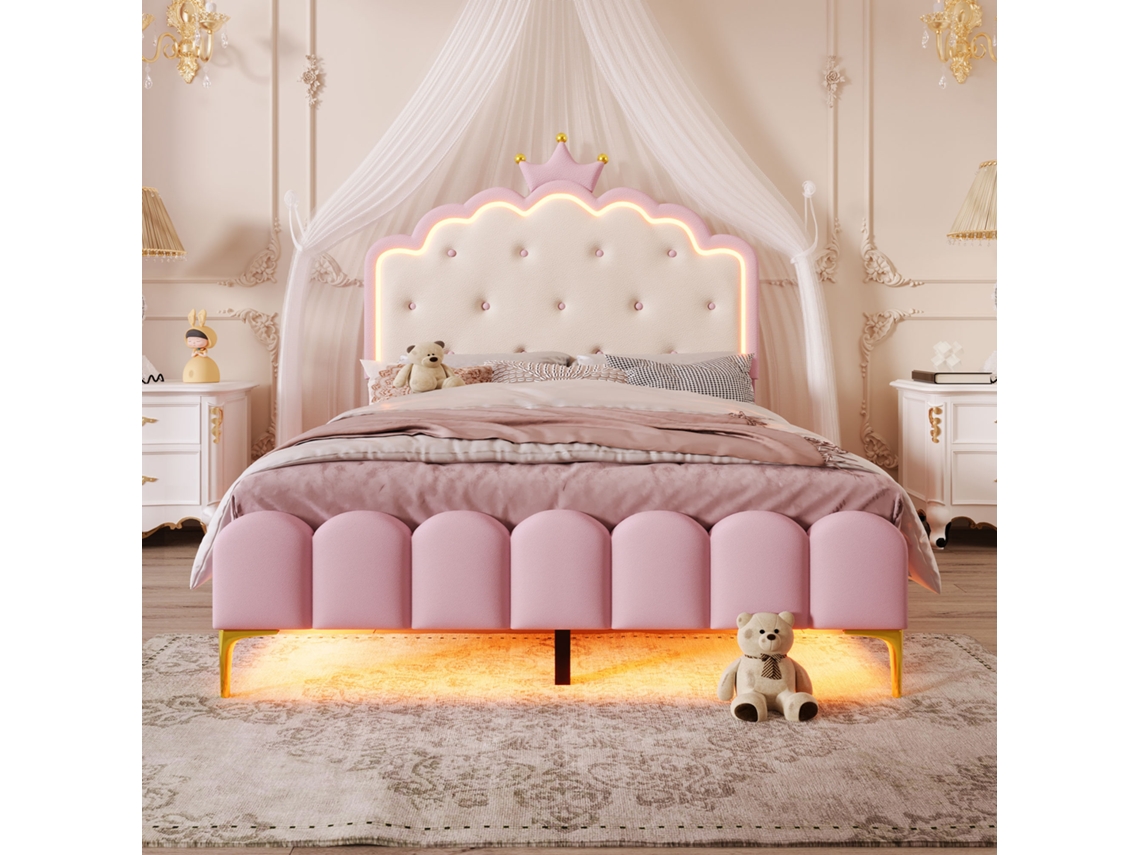 Cama De Princesa De 140x200 Cm Con Mando A Distancia Led, Somier De Láminas, Tapicería De Pu Rosa, Colchón No Incluido.