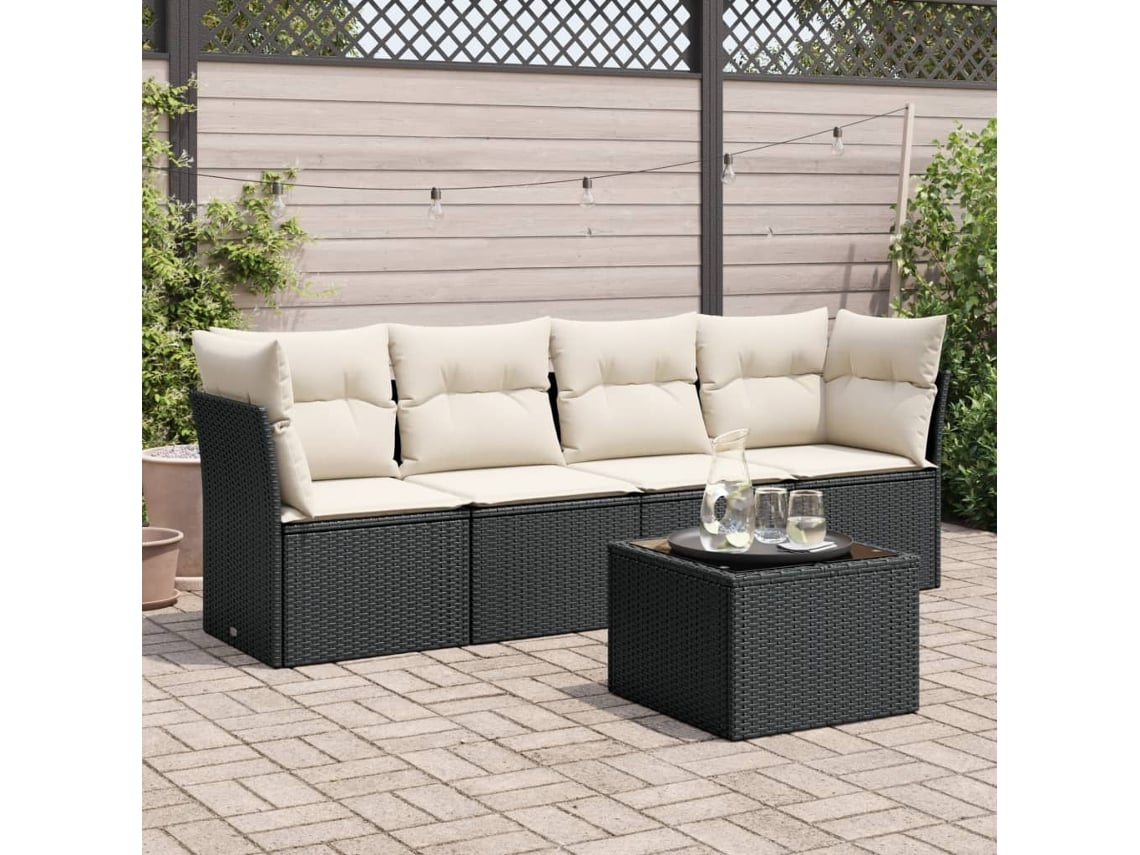 Conjunto de sofá de jardín de 5 piezas con cojines de mimbre sintético negro, Dkd Home Decor