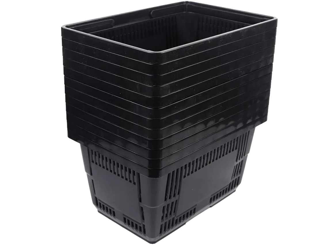 Cesta de compras de plástico apilable, diseño de asa invisible, plástico duradero, color negro OEM