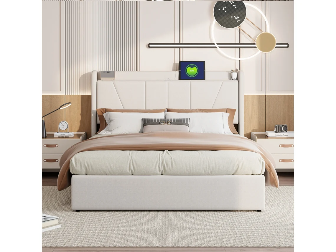 Cama Canapé 140x200 Cm De Tela De Lino Con Puerto Usb, Cabecero Acolchado Y Somier De Láminas, Beige