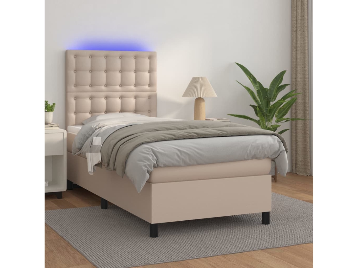 Cama Box Spring Colchón Led Cuero Sintético Capuchino 90x200 Cm