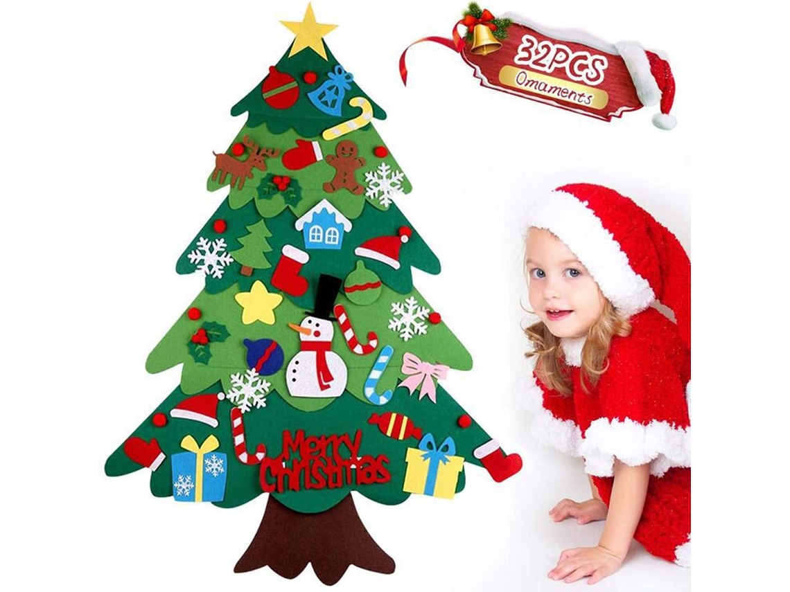 Árvore de Natal decorativa de feltro com enfeites natalinos para decorar as festas de fim de ano.